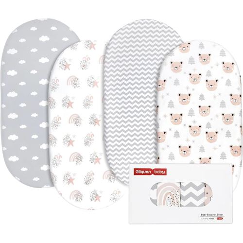 Gllquen Baby Bassinet Sheets 4 Pack, Breathable Cozy Fitted Mattress Sheet, Elastic Travel Crib Fashionable Pattern, Standard Cradle Safe Sheets for Baby Boys Girls 32"x16"(Rainbow)