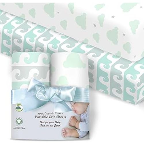 100% Organic Cotton Fitted Sheets Fit and are Compatible with Graco Pack n Play, Babyletto, Pamo Babe, Hiccapop, Dream on Me, Evenflo, Baby Trend Portable/Mini Crib/Playards. 2 Pk, Mint & Gray