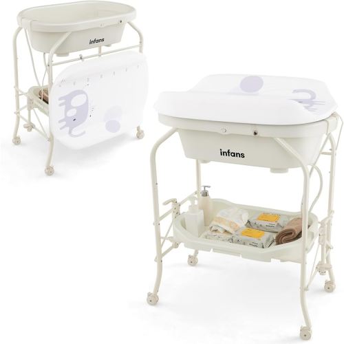 INFANS 2 in 1 Baby Changing Table with Bath Tub Unit, Folding Diaper Dresser Station with Wheels Waterproof Pad Storage Rack, Portable Nursery Organizer Stand for Newborn Infant (White)
