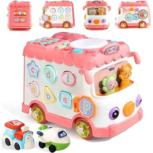 Montessori Toy for 1+ Year Old Girls, 10-in-1 Musical Learning Bus Baby Toys for 12-18 Months Present, Educational Developmental Sensory Toy, First Birthday Gifts for 1 Year Old Girl Toddlers