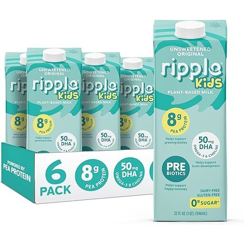 Ripple 32 oz Plant Based Milk 8g of Quality Sourced Pea Protein, Calcium Rich | Shelf Stable | Vegan & Non GMO Certified | Dairy, Soy, Nut, Gluten, & Lactose Free (Pack of 6) (32 Fl Oz (Pack of 6), Kids Unsweetened)