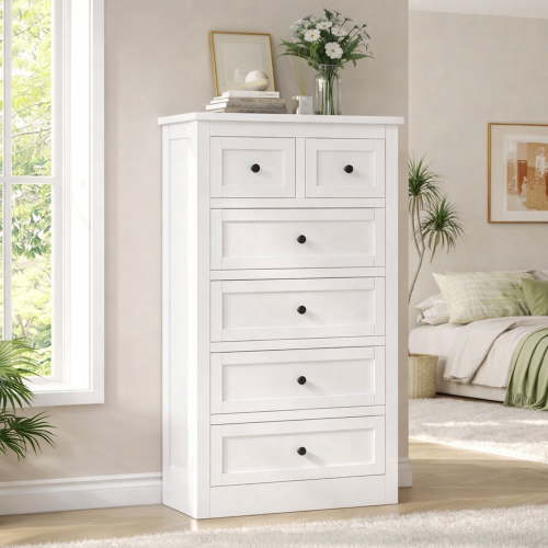 Pipleo Tall 6 Drawer White Wood Dresser, Easy Assembly with Video Guide
