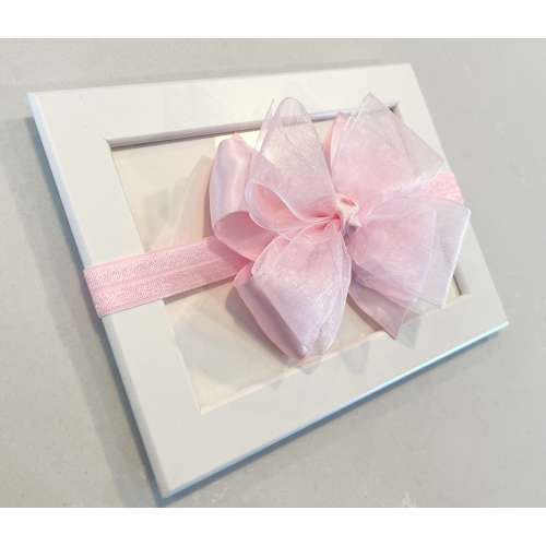 Light pink 4” double layer bow on light pink headband, satin and sheer ribbon