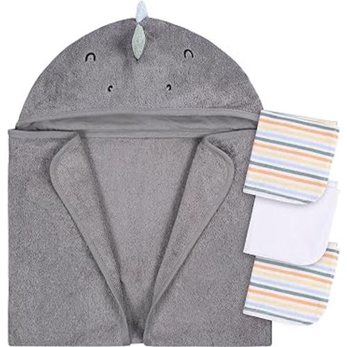 Gerber Baby 4 Piece Animal Character Hooded Towel and Washcloth Set, Charcoal Dino, One Size