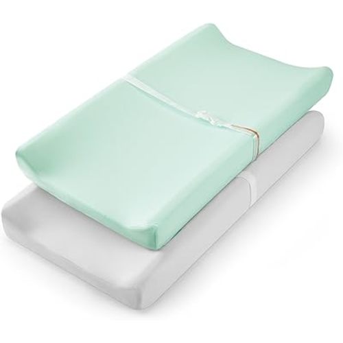 TILLYOU Changing Pad Cover Set in Soft Jersey Material - Fits 32"/34''x16 Contoured Pad for Babies, Lt Green & Lt Gray