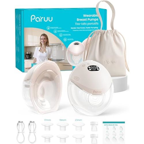 Paruu P21 Wearable Breast Pump with Baby-Mouth Flange Design, Hands-Free Electric Breast Pump, 315mmHg Strong Suction, 4 Modes 12 Levels, 17/19/21mm Flange Inserts, Stand-up Milk Bowl, Storage Bag