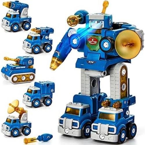 hahaland Toys for Ages 5-7 - 5 Year Old Boy Gift - 5 in 1 STEM Take Apart Trucks Transform to Robot - 5 6 7 Year Old Boy Birthday Gift - Boys Toys Age 4-6
