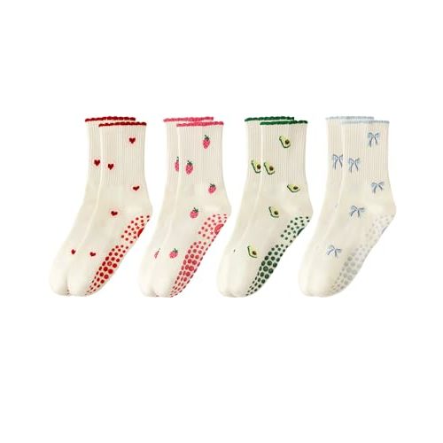Yawlsow 4 Pairs Cute Pilates Grip Socks for Women, Ruffle Yoga Non Slip Socks for Barre Ballet Hospital