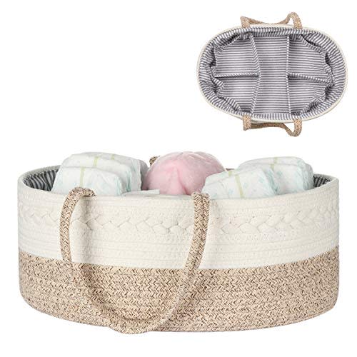 Baby Diaper Caddy Organizer -100% Cotton Baby Basket Bin with Removable Divider -Portable Tote Bag Storage Basket for Boy & Girl Nursery Organization (White & Yellow Variegated)