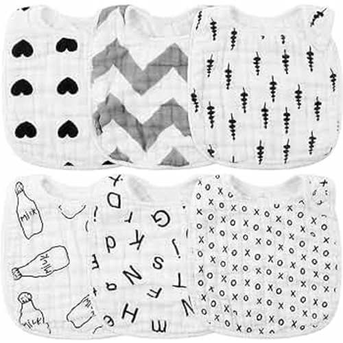 Zainpe 6Pcs Snap Muslin Cotton Bibs for Baby Love Heart Tree Milk Letter Bib with 6 Absorbent Soft Layers Machine Washable Burp Cloths for Infants, Newborns and Toddlers Drooling Feeding and Teething