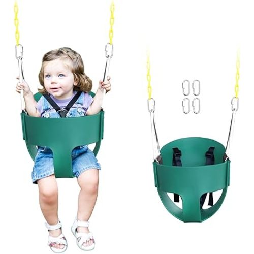 High Back Full Bucket Toddler Swing Seat with 3- Point Adjustable Safety Harness, 66 inch Detachable Chain,Suitable for Babies Aged 6-24 Months,Baby Swing for Swingset (Green)