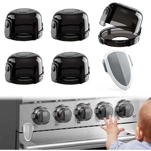 Stove Knob Safety Covers & Oven Lock for Child Baby Proofing Kitchen Universal Size Gas Knob Covers Clear View Childproof Oven Knob Covers for Kids and Pets (5packs +1locks)