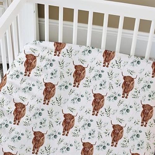 HawSkgFub Highland Cow Eucalyptus Leaf Fitted Standard Crib Sheet for Baby Boy Girl, Neutral Western Farm Animal Yak Toddler Mattress Cover, Soft Stretchy Nursery Bed Sheets Decor Kids Gift 52" x 28"