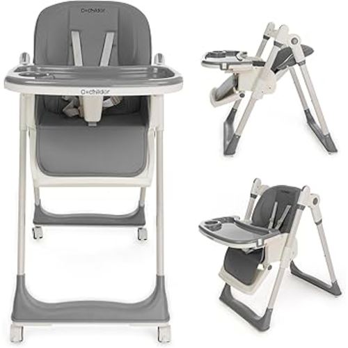 Cochildor 3-in-1 Foldable High Chair for Babies & Toddlers – Adjustable Height, Reclining Seat, 5-Point Safety Harness, Removable Tray, Lockable Wheels, Washable Cushion – Portable & Easy Clean, Grey