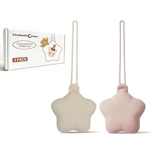 Silicone Pacifier Holder Case, ChufanMomsil Baby Silicone Pacifier Case Holders for Diaper Bag, Pacifier Pouch Container for Girl Boy, Easy Clean, 2 Pack Stars, Khaki + Pink