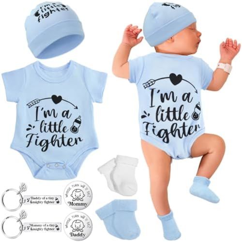 Toulite NICU Preemie Baby Gift Set I'm Little Fighter Preemie Baby Hat and Bodysuit Cotton Socks with Keychain Coin