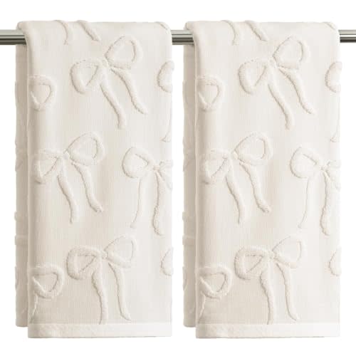 Artoid Mode 2 Pcs Beige 3D Bowknot Jacquard Hand Towels for Bathroom, 100% Cotton Absorbent Bathroom Decor Soft Towels, 13.7 x 29.5 Inch