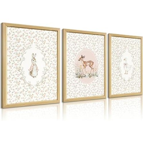 3Pcs Nursery Wall Art Cute Deer Goose Bunny Pictures 12x16in Unframed | Vintage Nursery Wall Decor Pictures Rural Countryside Animal Poster Prints for Baby Kids Boys Girls Room