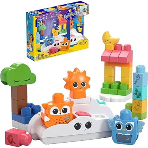 MEGA BLOKS Fisher-Price Toddler Building Blocks Toy, Rise & Snooze Night Light with 30 Pieces, Sound and Light Effects, Star Projector, Ages 1+ Years