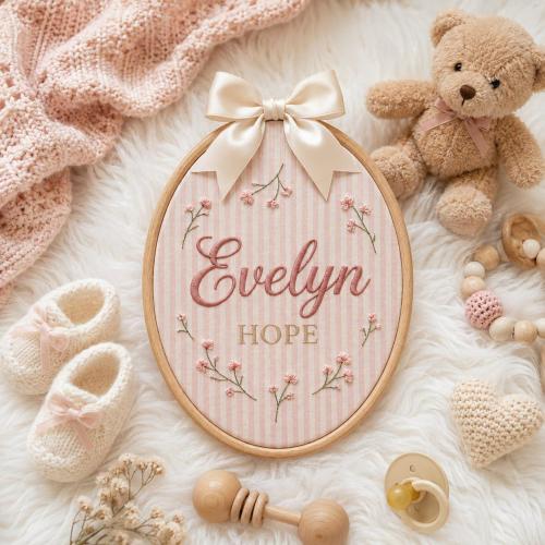 Custom Baby Name Pink Stripe Fabric Applique Hoop, Nursery Baby Room Decor, Floral Embroidered Hoop, Baby Shower Gift