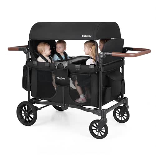 BABY JOY Wagon Stroller for 4 Kids, Foldable Stroller Wagon with Removable Canopy, Adjustable Handle, Snack Tray, Parent Organizer, 5-Point Safety Harness, Convertible Diaper Bag/Changing Pad (Black)