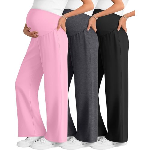 3 Pack Women's Maternity Wide Leg Pants Over The Belly Pregnancy Lounge Pants Stretchy Loose Pajama Trousers