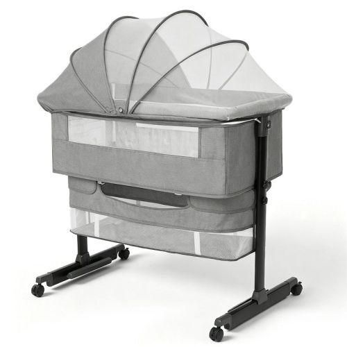 Baby Bassinet Bedside Crib with Adjustable Height, Breathable Mesh Sides, Wheels and Storage Basket,Dark Grey