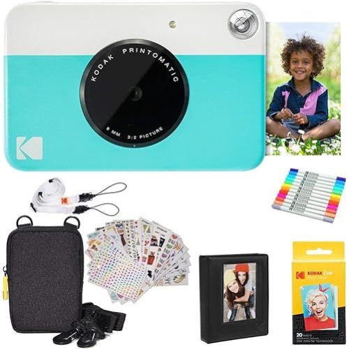 KODAK Printomatic Full-Color Instant Print Digital Camera Colorful Photos On Zink 2x3" Sticky-Back Photo Paper 5MP Gift Bundle: Case + Zink 2x3" 20pk + Album + Stickers + Frames + Markers - Blue