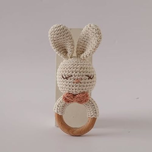 Natural Hand-Knit Wooden Baby Rattle - Soft Animal Shaped Sensory Toy for Newborns, Infants | Safe Beechwood & Crochet Texture | Perfect Baby Shower Gift