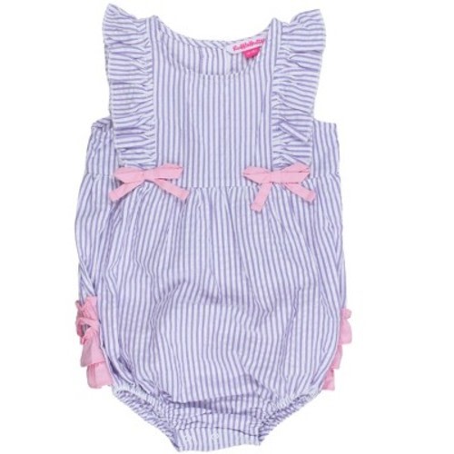RuffleButts Infant Classic Ruffle Romper - Wisteria Purple Signature Seersucker, 6-12m