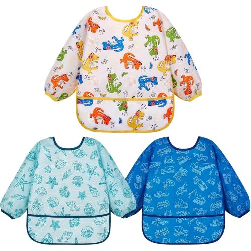 Lictin 3 Packs Baby Bibs for Boy or Girl, Cute Long Sleeve Bib, Waterproof Bibs for Toddlers,Adjustable Closure Baby Smock, Mess Proof Baby Bib, 6-24 Months Reusable Infant Baby Bibs
