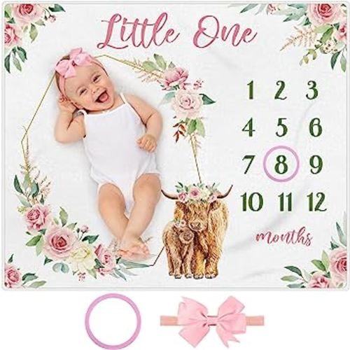 Mixweer Cow Baby Monthly Milestone Blanket for Girl Boy 47" x 40'' Baby Cow Milestone Blankets Soft Fleece Photography Background Newborn Growth Chart with Bow Headband and Felt Circle(Pink)