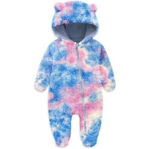 Jimonda Baby Tie Dye Snowsuit Winter Fleece Jumpsuit 0-18 Months, 100% Polyester Hooded Romper with Bear Ears for Infant