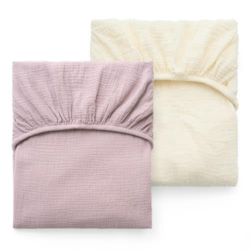 Momcozy Muslin Standard Fitted Crib Sheets, 52"x28", 2 Pack Soft Breathable Natural Cotton Baby Mattress Sheet, 360° Mattress Wrapping No Slip Boys Girls Neutral Toddler Bed Sheet, Beige Coffee Red