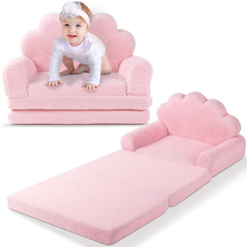 spanspace Kids Chairs for Toddler,Flip-Out 2-in-1 Convertible Chair to Lounger for Girls and Boys, Teddy Fleece Fabric, Pink