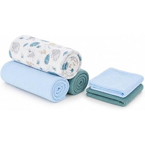 5 Pack Muslin Swaddle Blankets & Baby Burp Cloths, Soft & Breathable Cotton Baby Blankets, Receiving Blankets for Newborn Boy, Nursery Infant Essentials, Swaddling Wrap for Unisex (Blue & Teal)