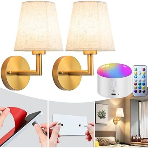 Wall Sconce Battery Operated Wall Light Fixure with Remote Control, Dimmable Battery Operated Wall Sconces Set Of Two, Indoor Wireless Wall Mounted Lamp with Rechargable Bulb For Bedroom Living Room (