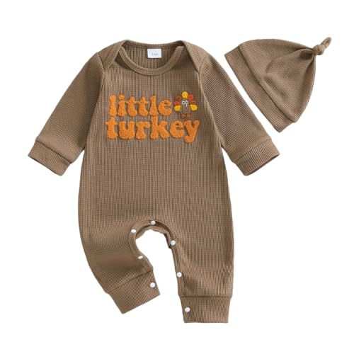 Newborn Baby Boy Thanksgiving Outfit Little Turkey Embroidery Romper Waffle Knit Long Sleeve Jumpsuit Bodysuit Hat Set