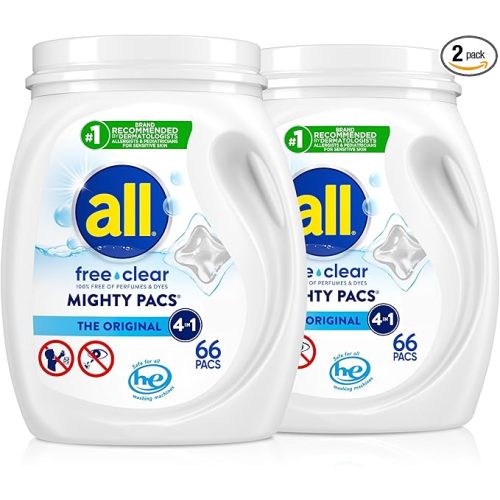 all Unit Dose Laundry Detergent, Mighty Pacs, Free Clear, 132 Count