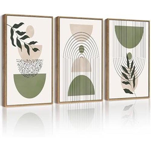 Drsoum Green Botanical Boho Wall Art Framed Modern Sage Bohemian Wall Decor Abstract Geometry Lines Prints Ready to Hang 11x14in Natural Framed