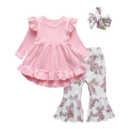 KuKitty Toddler Baby Girl Clothes Solid Color Long Sleeve Ruffle Tops Floral Bell-Bottoms Pants and Headband Outfits Set