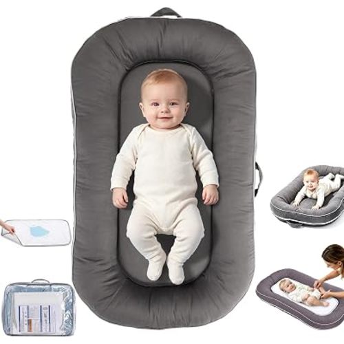 Baby Lounger 0-24 Months,Organic Cotton Nest with Diaper Pad,Gray