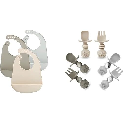 PandaEar 3 Pack Waterproof Silicone Baby Bibs & 6 Pack Silicone Baby Spoons and Fork Feeding Set
