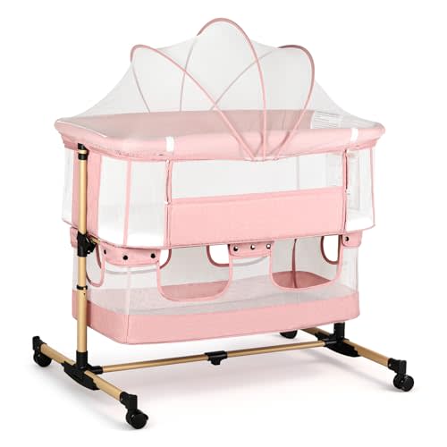 Baby Bassinet, 3 in 1 Infant Bassinet Bedside Sleeper | Bassinet with Cover, Rocking Bedside Bassinet for Baby with Storage Basket, Foldable & Adjustable Travel Crib (Light Pink)