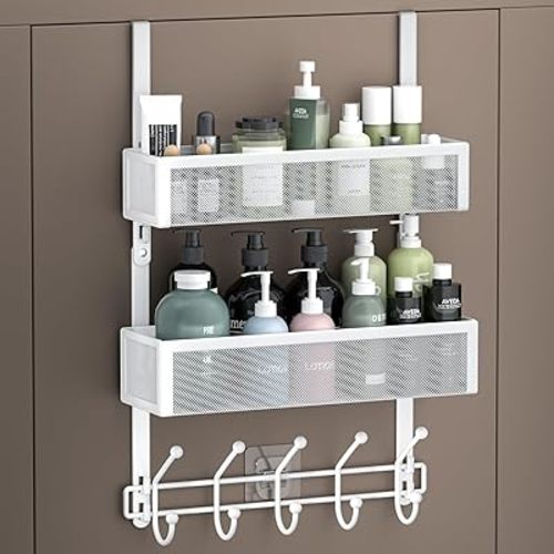 Adjustable Over The Door Hooks Organizer, Door Hanger Coat Rack with 2 Mesh Baskets and 10 Hooks, Back of Door Storage Organizer for Bedroom,Bathroom,Kitchen (White)