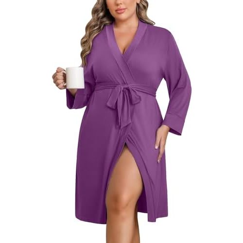 Ekouaer Women Plus Size Robe Knee Length Lightweight Bathrobe Short Kimono Robes with Pockets Maternity Robe