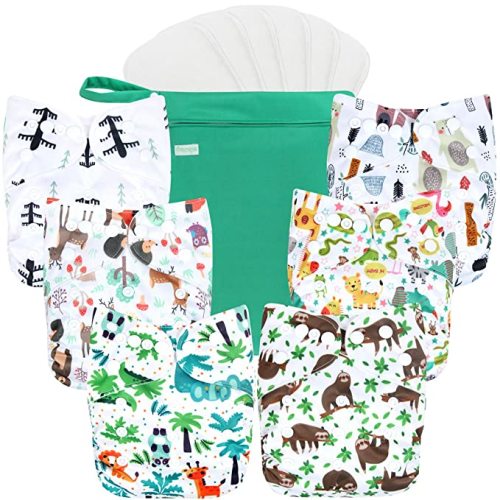 wegreeco Cloth Diapers 6 Pack with 6 Inserts & 1 Wet Bag, Washable Cloth Diapers for Babies, One Size Adjustable Reusable (Forest, Animals)