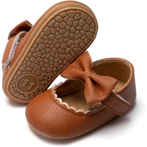 Bellocasa Baby Mary Jane Flats for Girls with Bowknot Cotton Anti Skid Sole Infant First Walker Princess Dress Crib Wedding Shoes(JY1628 Brown,1)