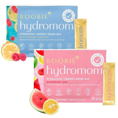 Boobie Hydromom Superfood Electrolyte Drink Mix, Watermelon Yuzu + Blue Raspberry Lemonade | Refreshing Energy, Hydration Boost | On-The-Go Travel Essential for Pregnancy, Lactation, & Beyond - 2 Pack