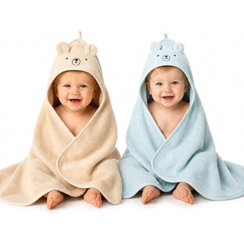 Hooded Baby Towels – 100% Organic Cotton Baby Bath Towels – Baby Boy Newborn Essentials - Super-Soft and Absorbent. (2-Pack Bear Fog and Bear Baby Blue)